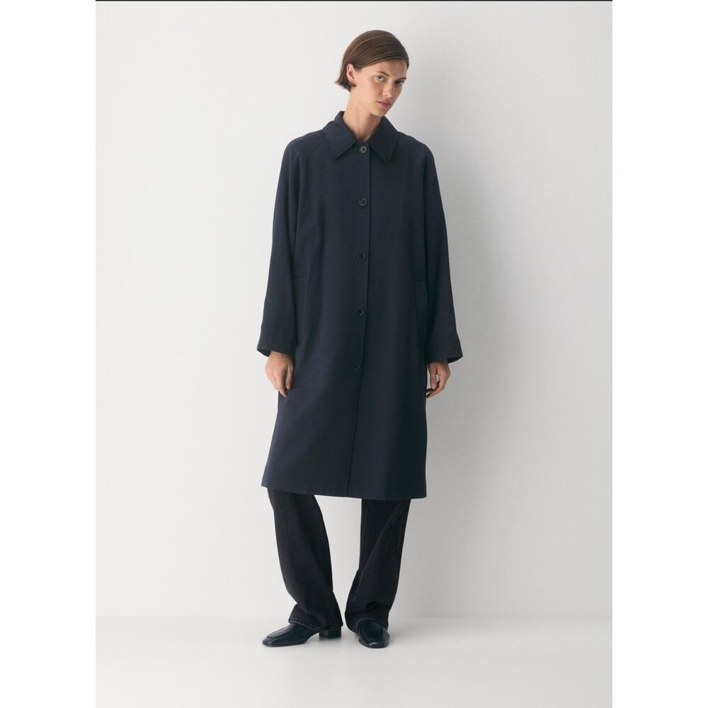 Aritzia The Regent Trench Coat Navy Italian Rich Twill Mac Coat Size S NWOT